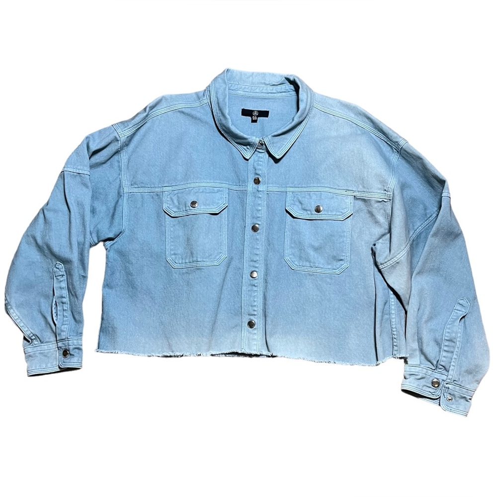 Missguided Boxy Oversized Light Wash Raw Edge Hem Trucker Jean Jacket Sz 12